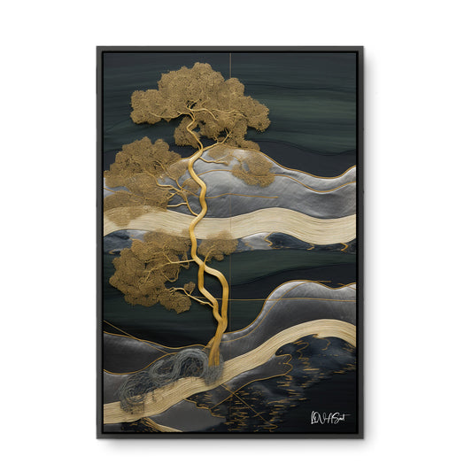 Gri Bonsai Manzarası - Kalın Metal Çerçeveli Kanvas Tablo