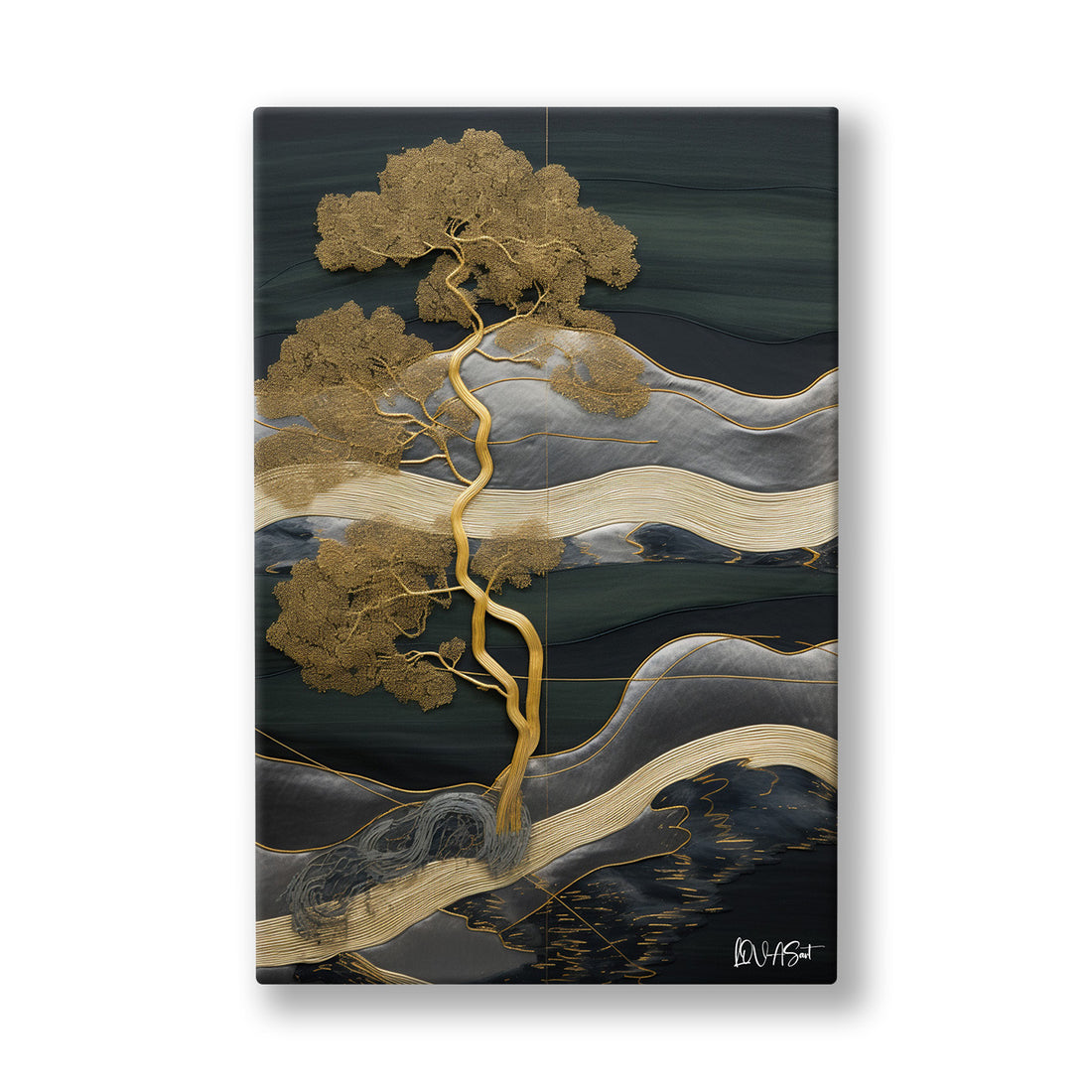 Gri Bonsai Manzarası kanvas tablo — Koyu yeşil tepelerin üstünde altın yapraklarını açan yalnız bir bonsai.