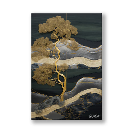 Gri Bonsai Manzarası kanvas tablo — Koyu yeşil tepelerin üstünde altın yapraklarını açan yalnız bir bonsai.