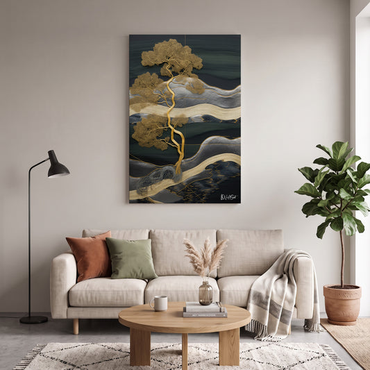 Gri Bonsai Manzarası kanvas tablo — duvarda dekorasyon görünümü