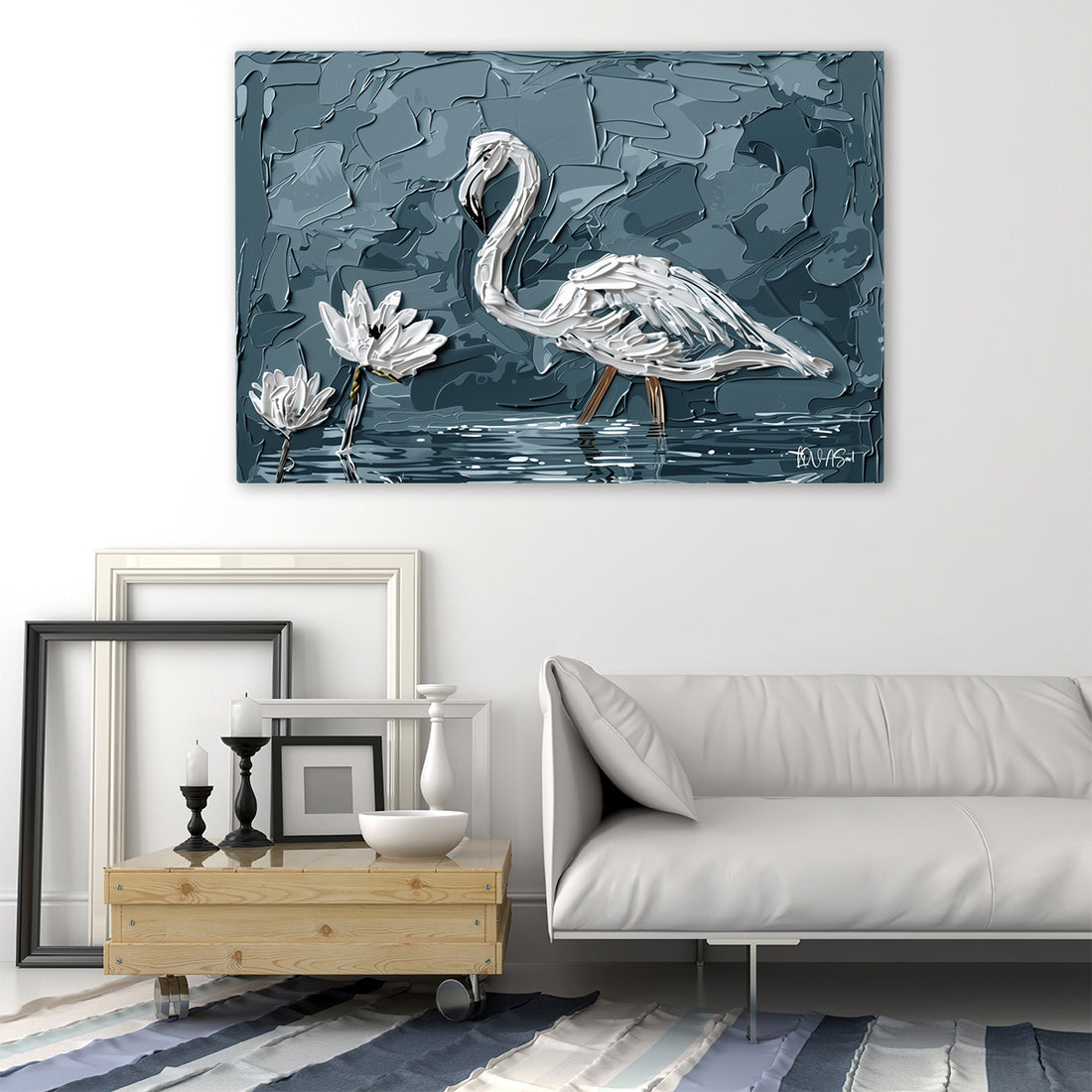 Gri Flamingo kanvas tablo — iç mekân uygulama örneği