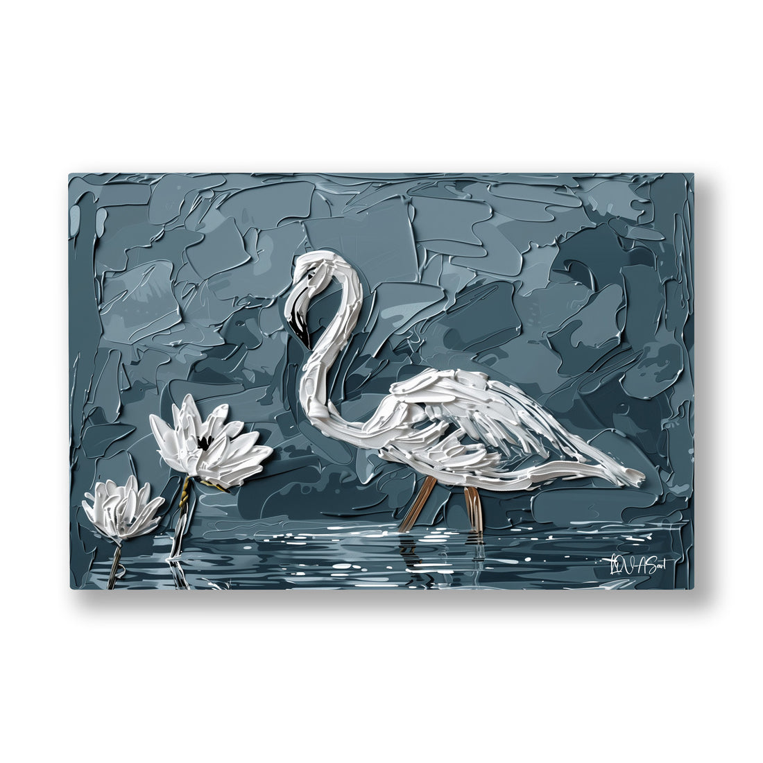 Gri Flamingo kanvas tablo — Nilüferlerin arasında boynunu eğmiş, sessizce duran beyaz flamingo.