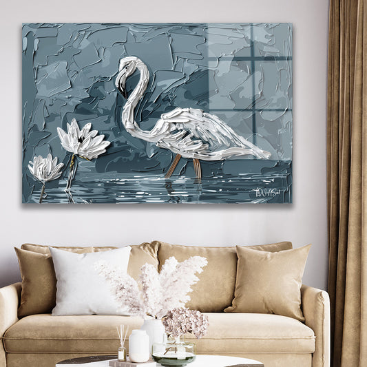Gri Fonda Beyaz Flamingo cam tablo — duvarda dekorasyon görünümü