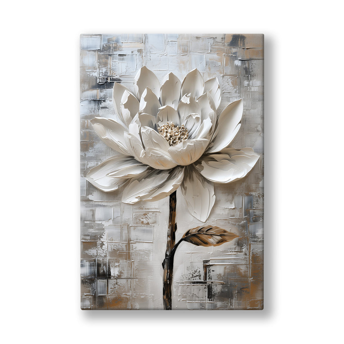 Gri Fonda Beyaz Lotus kanvas tablo — Yıpranmış gri duvarın önünde tek başına açan beyaz bir lotus.