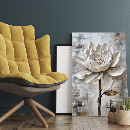 Gri Fonda Beyaz Lotus kanvas tablo — iç mekân uygulama örneği