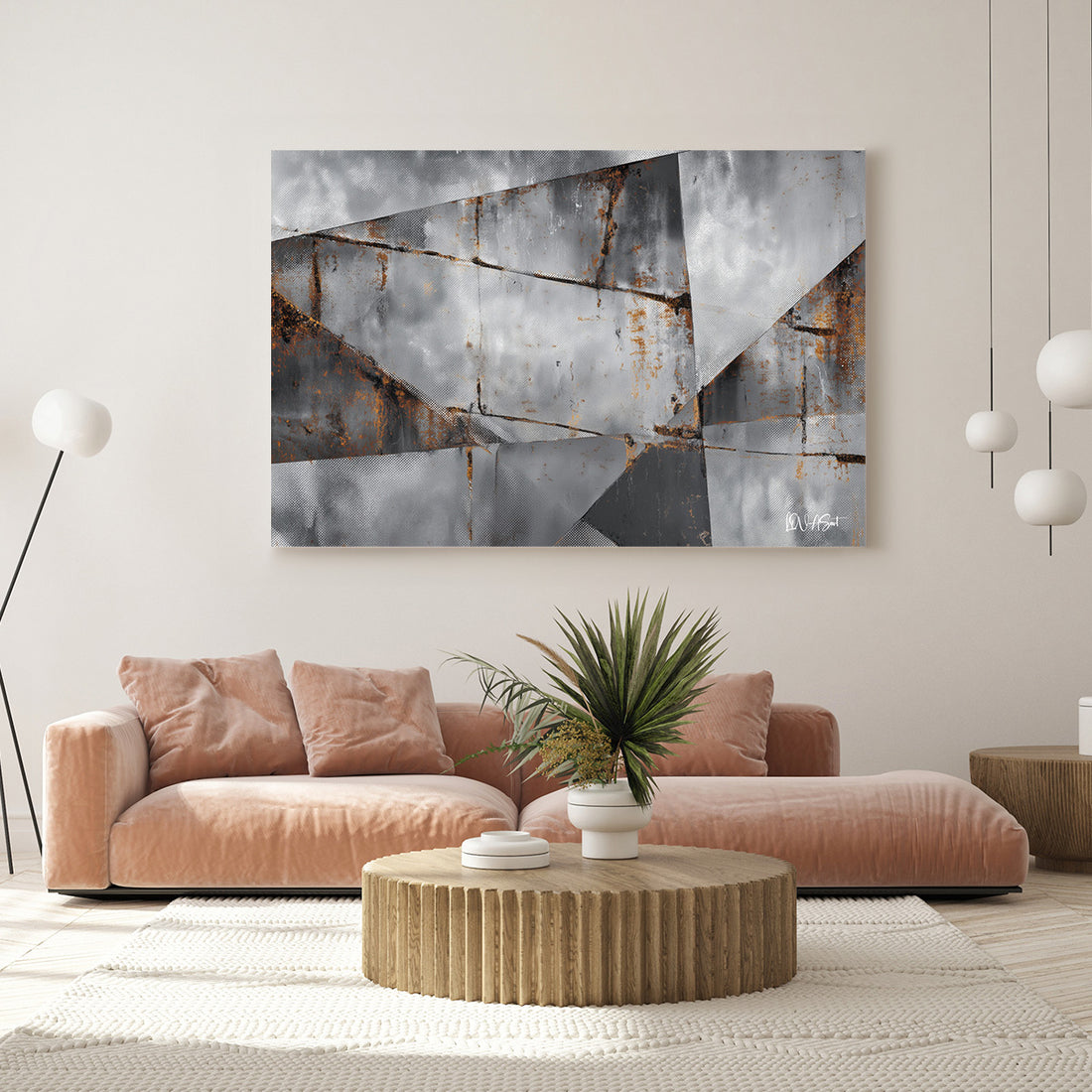 Gri Geometrik Katmanlar 2 kanvas tablo — alternatif mekân görünümü