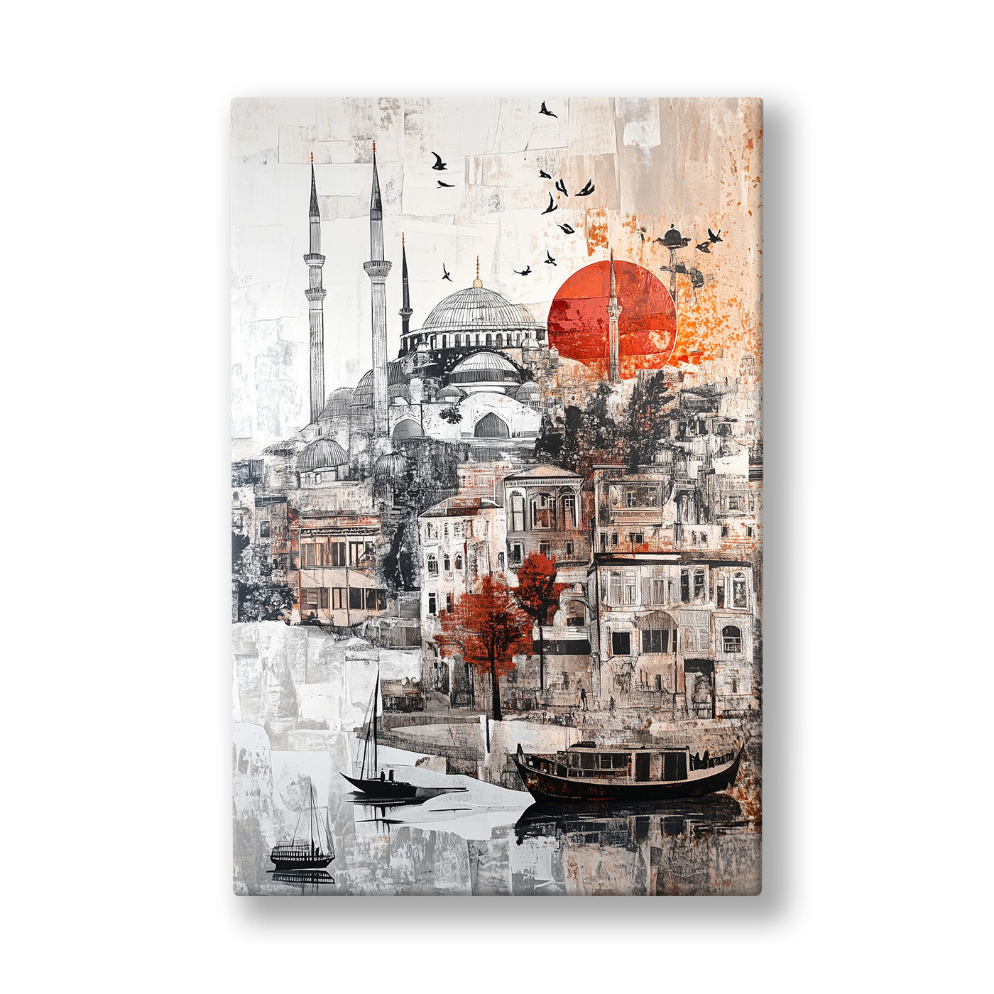 Gri Kırmızı Güneşli Cami kanvas tablo — Kırmızı güneşin altında minareleriyle beliren gri bir İstanbul silueti.