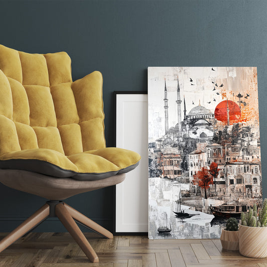 Gri Kırmızı Güneşli Cami kanvas tablo — iç mekân uygulama örneği