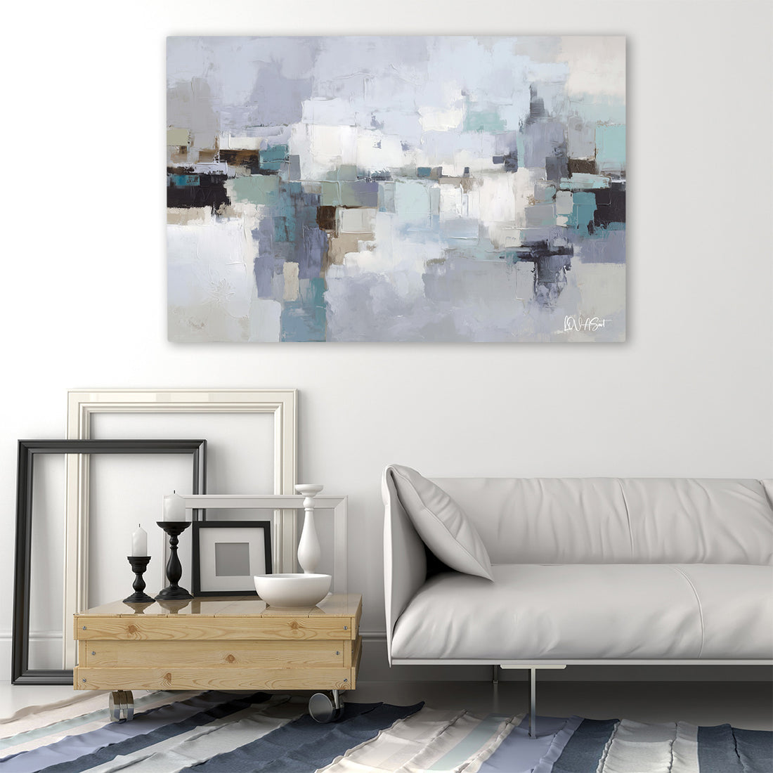 Gri Mavi Kareler kanvas tablo — iç mekân uygulama örneği