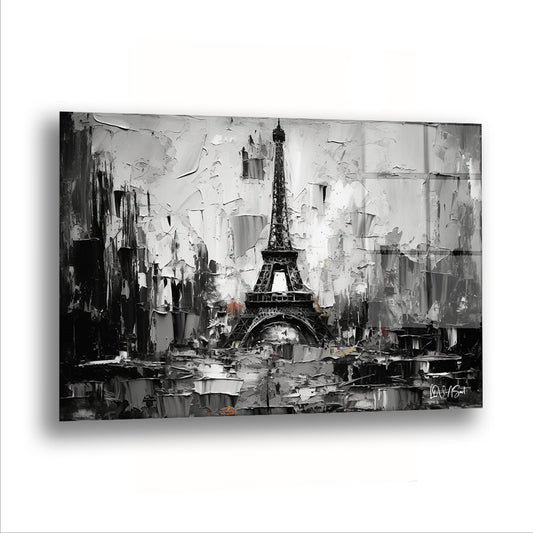 Gri Paris Sokakları cam tablo — Eyfel Kulesi, sisli bir kışın içinden siyah beyaz yükseliyor.