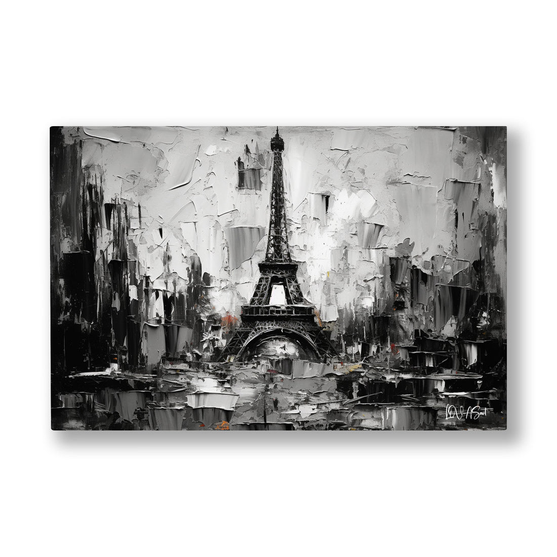 Gri Paris Sokakları kanvas tablo — Siyah beyaz Paris siluetinde spatula darbeleriyle yükselen Eyfel Kulesi.