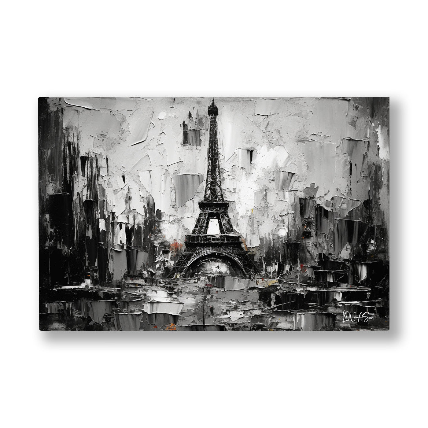 Gri Paris Sokakları kanvas tablo — Siyah beyaz Paris siluetinde spatula darbeleriyle yükselen Eyfel Kulesi.