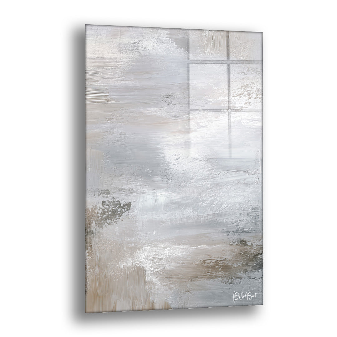 Gri Sis Soyut 2 cam tablo — gri ve beyaz fırça katmanlarıyla sisli bir kıyıyı çağrıştıran, sakin ve hava dolu soyut bir yüzey