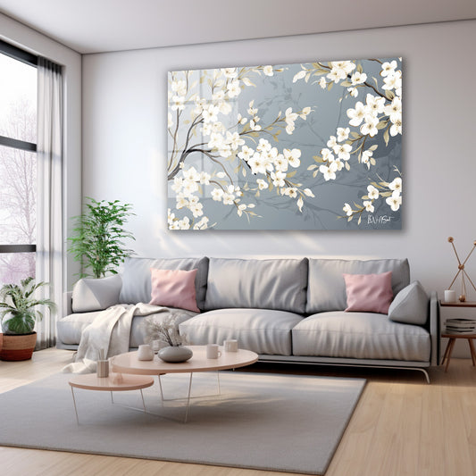 Gri Zeminde Beyaz Dallar 2 cam tablo — farklı açıdan görünüm