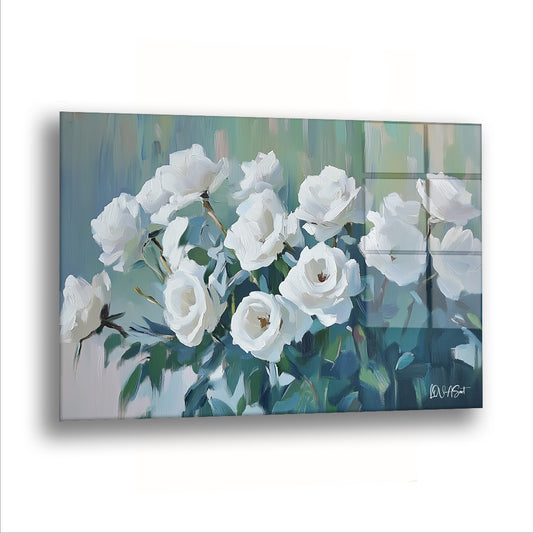 Gül Ağacı cam tablo — Yeşil mavi bir fonun önünde kabaran beyaz gül kümesi.
