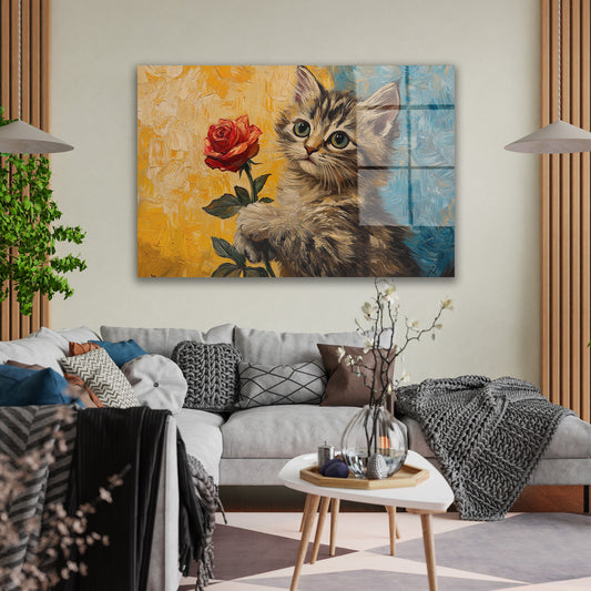 Gül Tutan Kedi cam tablo — duvarda dekorasyon görünümü