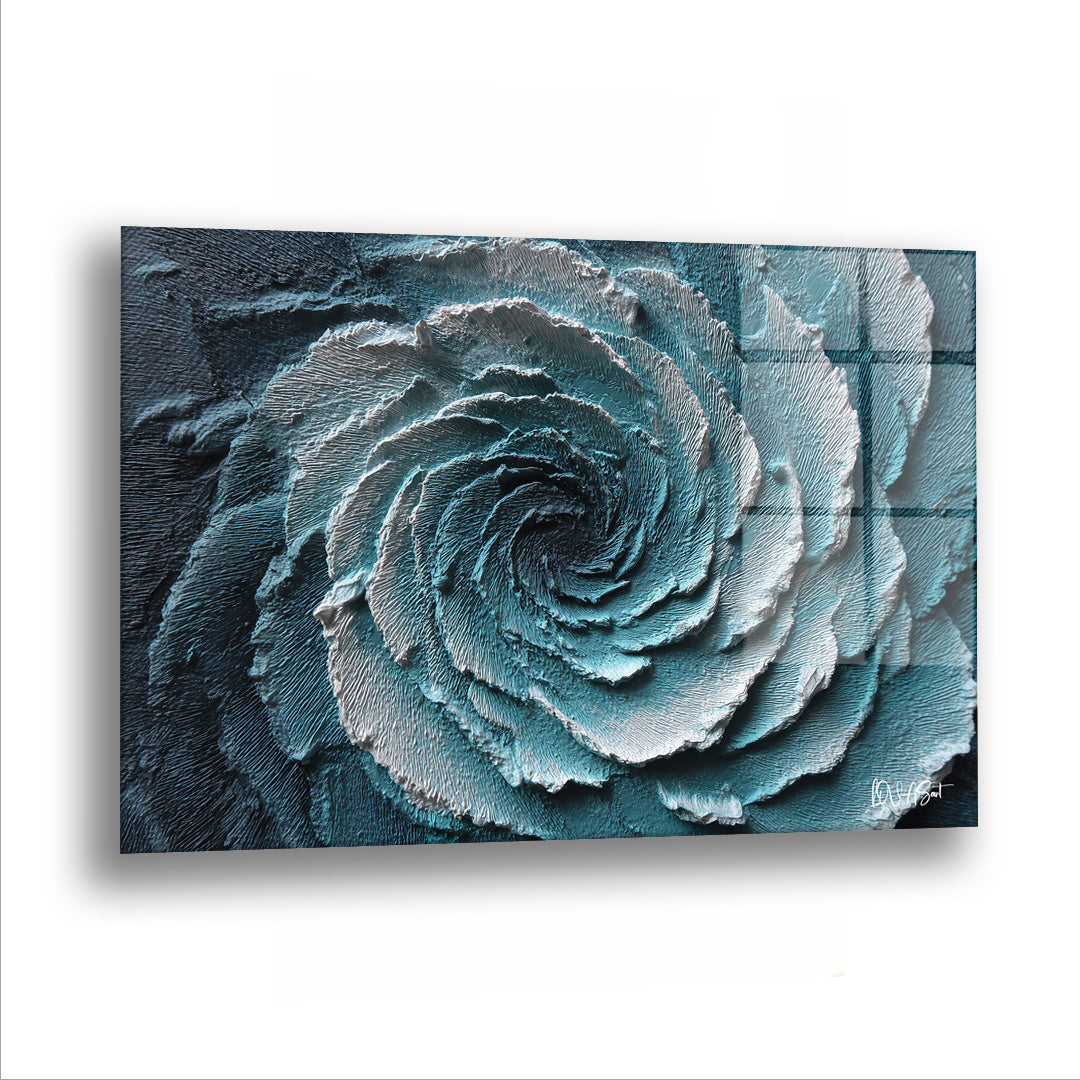 Gümüş Spiral cam tablo — Merkezden dışa doğru açılan turkuaz bir spiral, tuvalin tamamını tek bir dönüşle dolduruyor.