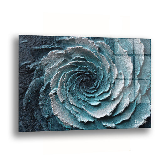 Gümüş Spiral cam tablo — Merkezden dışa doğru açılan turkuaz bir spiral, tuvalin tamamını tek bir dönüşle dolduruyor.