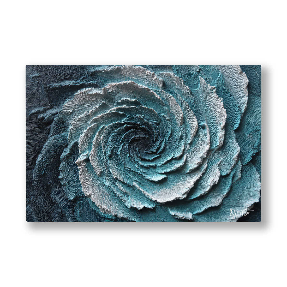 Gümüş Spiral kanvas tablo — Petrol mavisi kabartmaların merkeze doğru sarıldığı dev bir spiral.