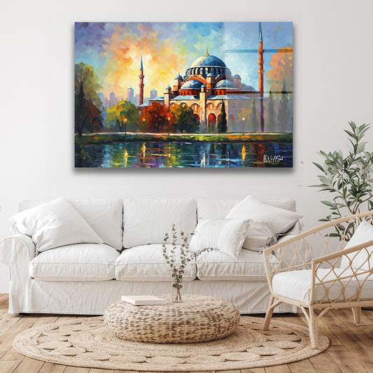 Gün Batımında Cami cam tablo — duvarda dekorasyon görünümü