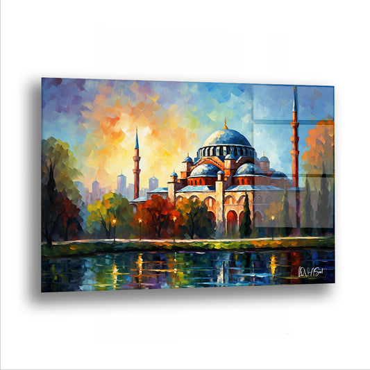 Gün Batımında Cami cam tablo — Suyun kıyısına kurulmuş cami, akşam ışığında bütün kubbeleriyle birlikte suya iniyor.