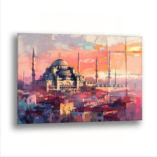 Gün Batımında Camiler cam tablo — Pembe bir akşamda şehrin kubbeleri ve minareleri kiremit çatıların üstünde sıralanıyor.