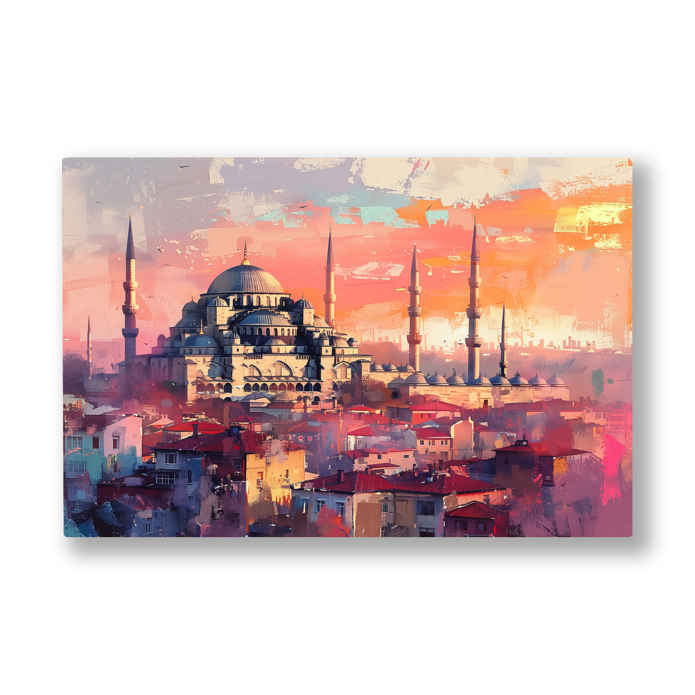 Gün Batımında Camiler kanvas tablo — Pembeye çalan bir gökyüzünün altında yan yana duran minareler.