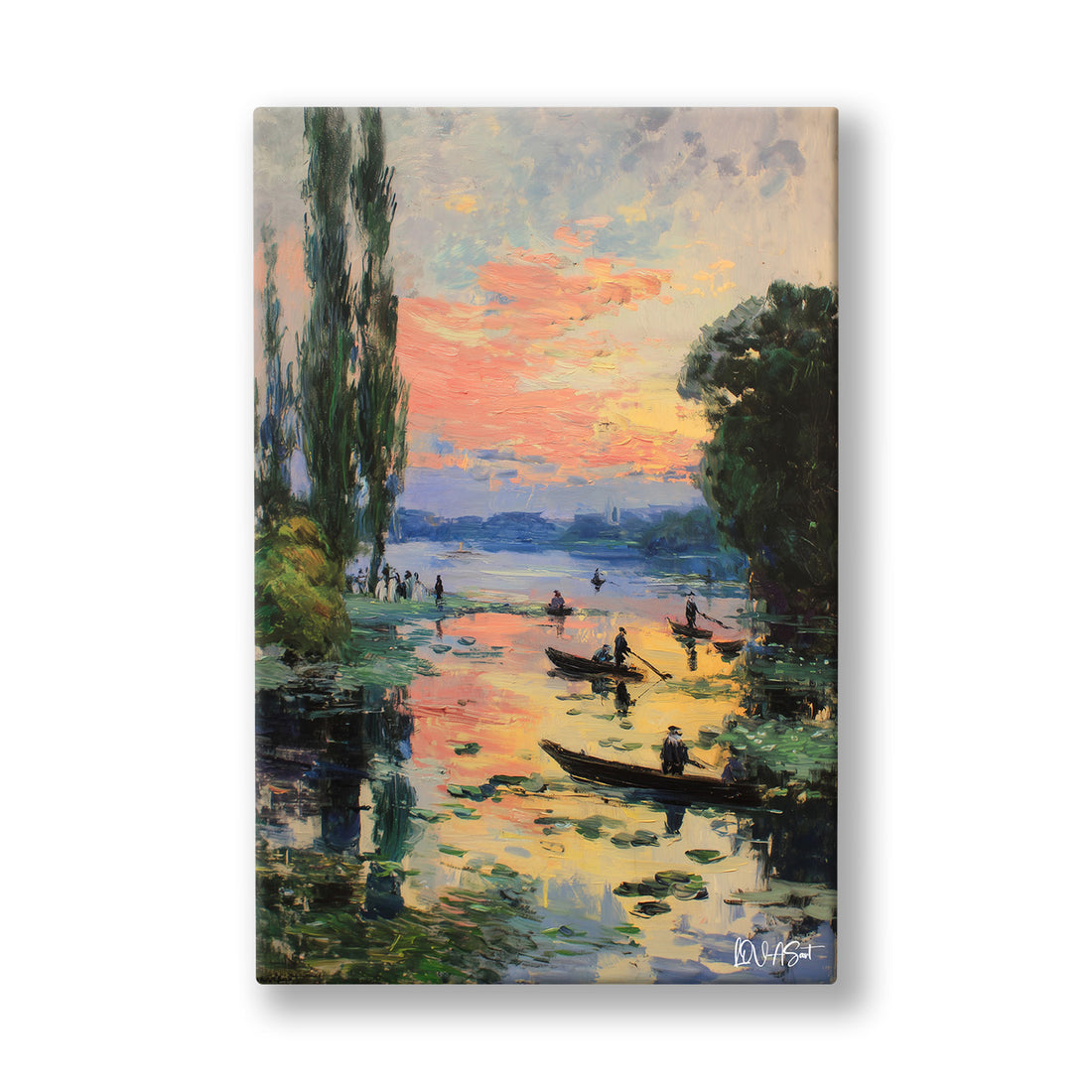 Gün Batımında Kayık 2 kanvas tablo — Uzun kavakların gölgesinde nehir, akşamın pastel ışığında duruluyor.