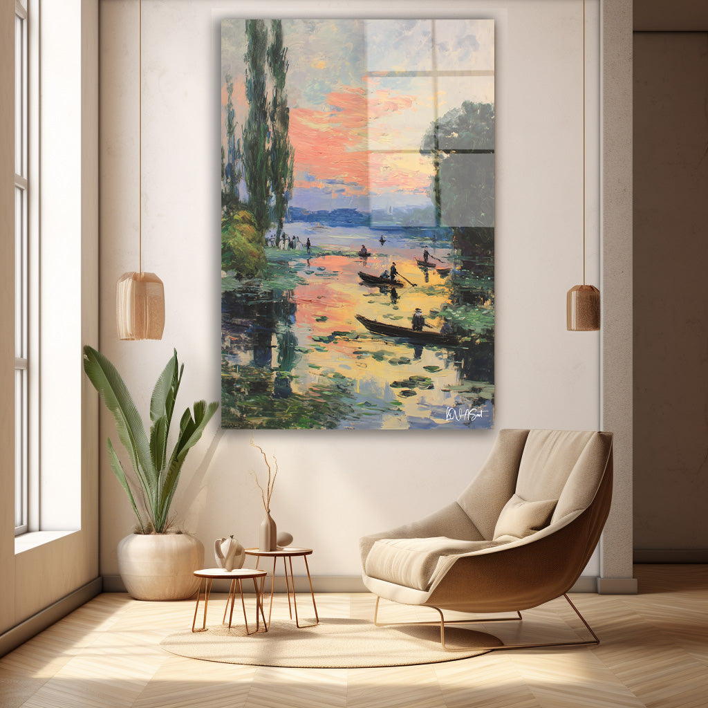 Gün Batımında Kayık 5 cam tablo — duvarda dekorasyon görünümü