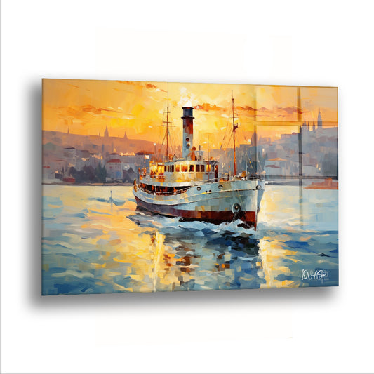 Gün Batımında Vapur 2 cam tablo — Bacasından duman çıkan vapur, altın bir suyun üstünde kıyıya doğru yol alıyor.