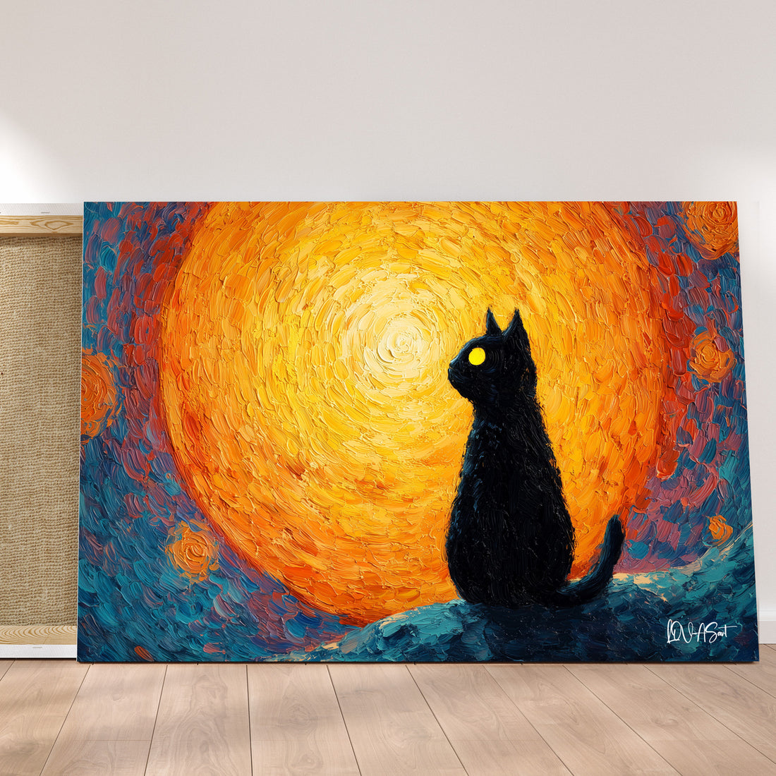 Güneşe Bakan Kedi kanvas tablo — iç mekân uygulama örneği