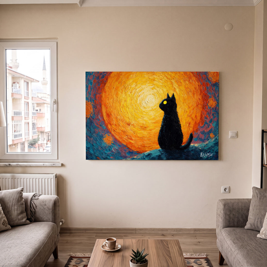 Güneşe Bakan Kedi kanvas tablo — detay görünümü