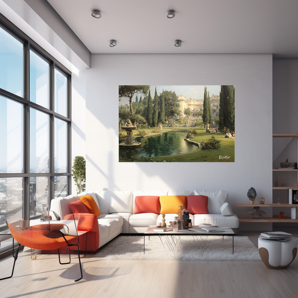 Havuzlu Villa Bahçesi kanvas tablo — iç mekân uygulama örneği