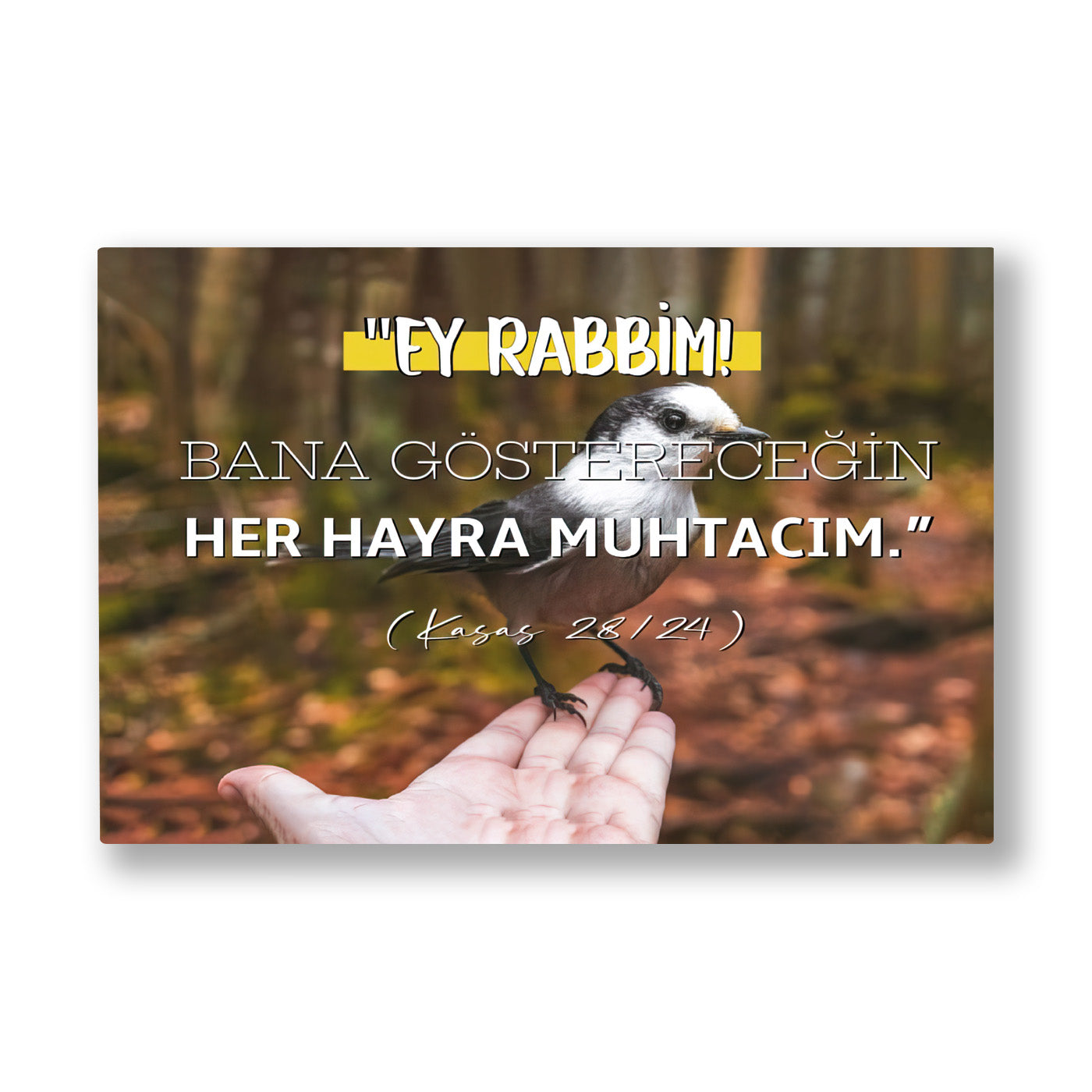 Her Hayra Muhtacım kanvas tablo — Sonbahar ormanı bulanıklığında, açık bir avuca konmuş küçük kuş ve üstünde sarı vurgulu bir dua cümlesi.