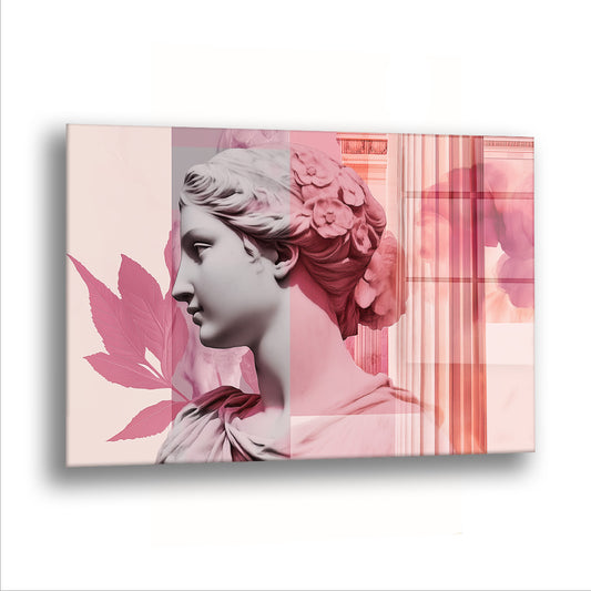 Heykel Panosu cam tablo — Pembe şeritlerin arasında bir antik büst, modern bir panonun parçası gibi duruyor.