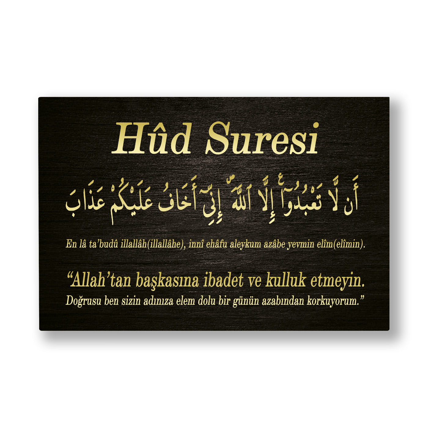 Hud Suresi kanvas tablo — Koyu ahşap dokulu bir levhada altın harflerle Hûd Suresi başlığı, ayet metni ve Türkçe meali.