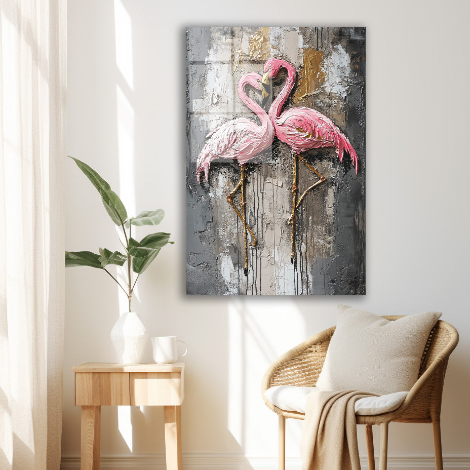 İki Flamingo cam tablo — duvarda dekorasyon görünümü