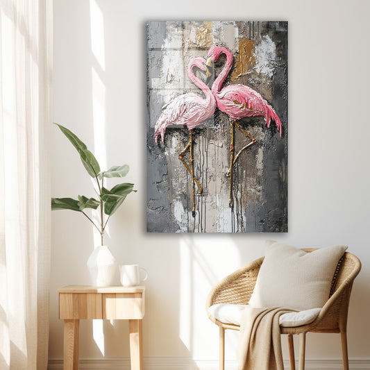 İki Flamingo cam tablo — duvarda dekorasyon görünümü