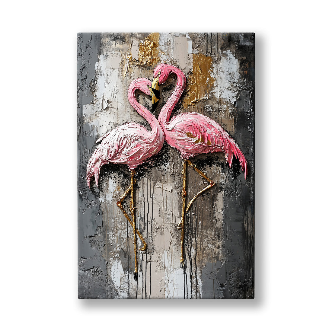 İki Flamingo kanvas tablo — İki pembe flamingo boyunlarını birleştirip aralarında bir kalp bırakıyor.