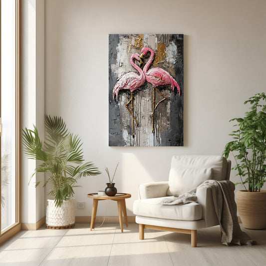 İki Flamingo kanvas tablo — duvarda dekorasyon görünümü