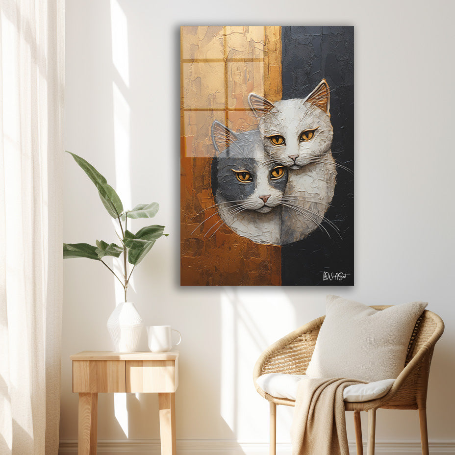 İki Yüzlü Kedi cam tablo — duvarda dekorasyon görünümü