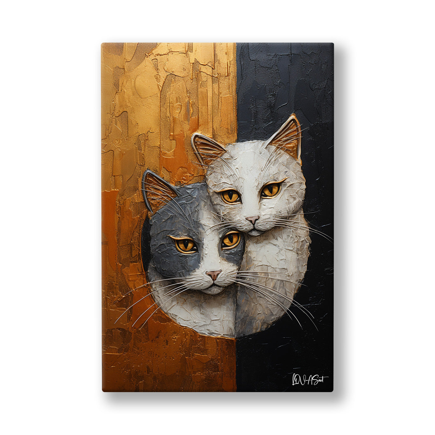 İki Yüzlü Kedi kanvas tablo — Altın ve gece siyahına bölünmüş zeminde iki kedi yüzü birleşiyor.