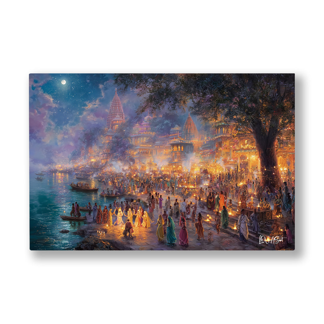 Işıklı Gece Şenliği kanvas tablo — Su kıyısındaki gece şenliği, fenerlerin turuncu ışığıyla kaynıyor.