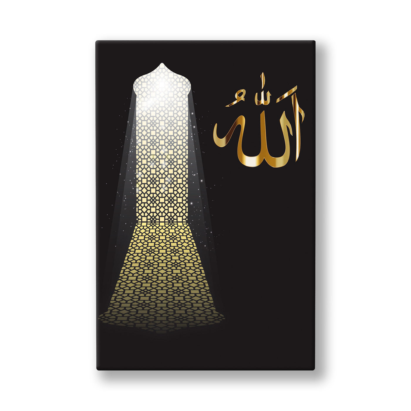 Işıklı Mihrapta Allah Lafzı kanvas tablo — Karanlık bir zeminde ışıkla örülmüş bir mihrap formu ve yanında altın Allah lafzı yükseliyor.