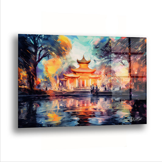Işıklı Pagoda cam tablo — Suyun kıyısındaki pagoda, akşam ışığıyla birlikte iki kez görünüyor.