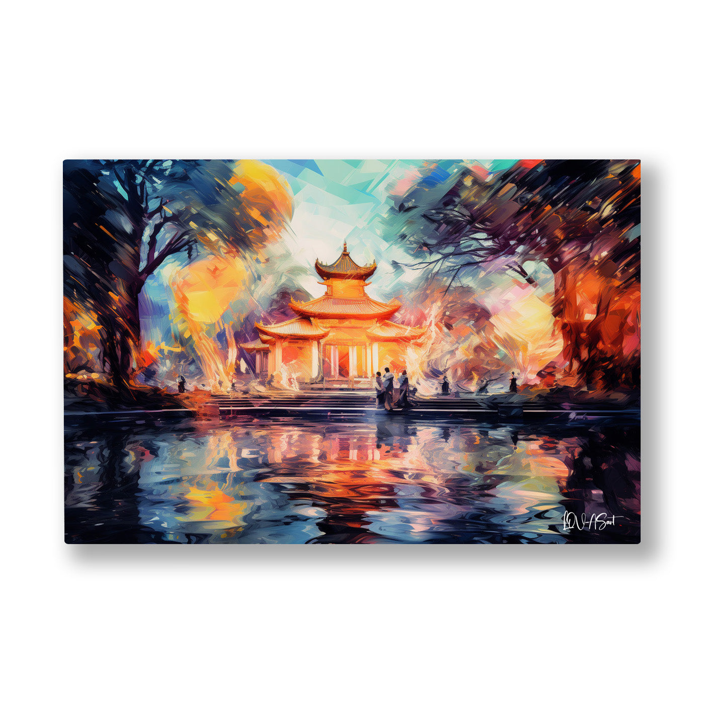 Işıklı Pagoda kanvas tablo — Gölün kıyısındaki pagoda, akşam ışığında turuncu bir alev gibi yanıyor.