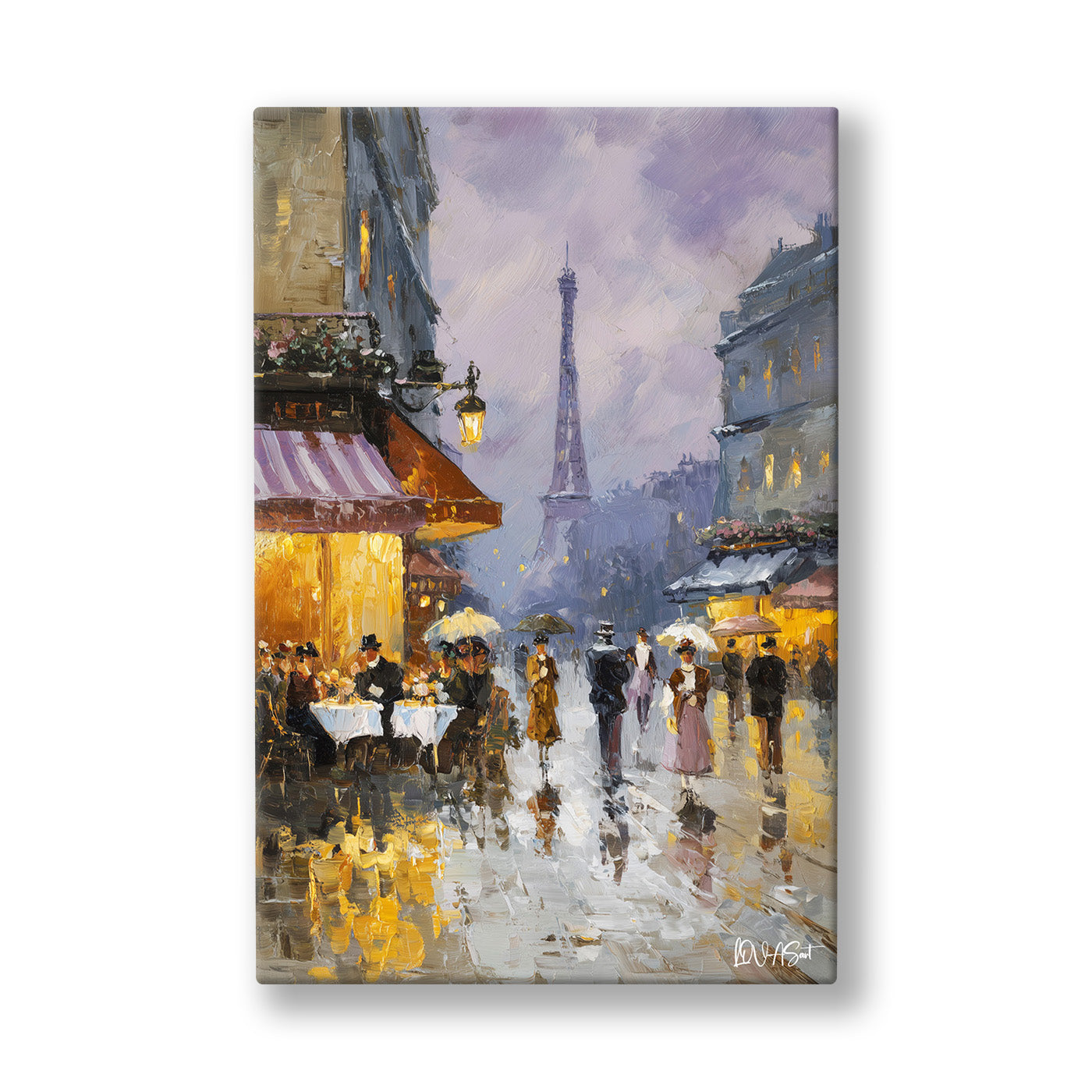 Işıklı Paris Kafesi kanvas tablo — Leylak rengi bir Paris akşamında kafenin ışıkları caddeye taşıyor.
