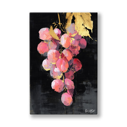 Işıltılı Pembe Salkım kanvas tablo — Simsiyah zeminde pembe bir üzüm salkımı altın yapraklarla sarkıyor.