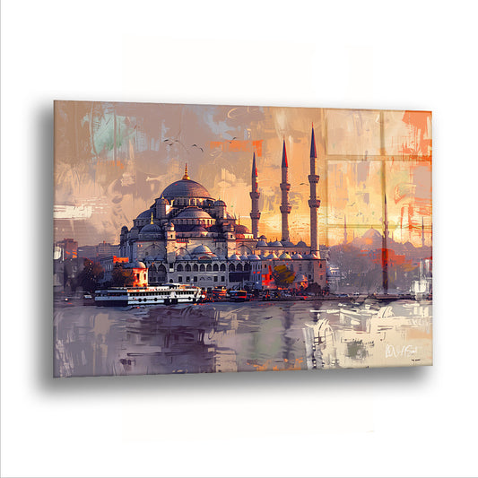 İstanbul'un Büyüsü cam tablo — Gün batarken minareler turuncu göğe karışıyor, önlerinden bir vapur sessizce geçiyor.