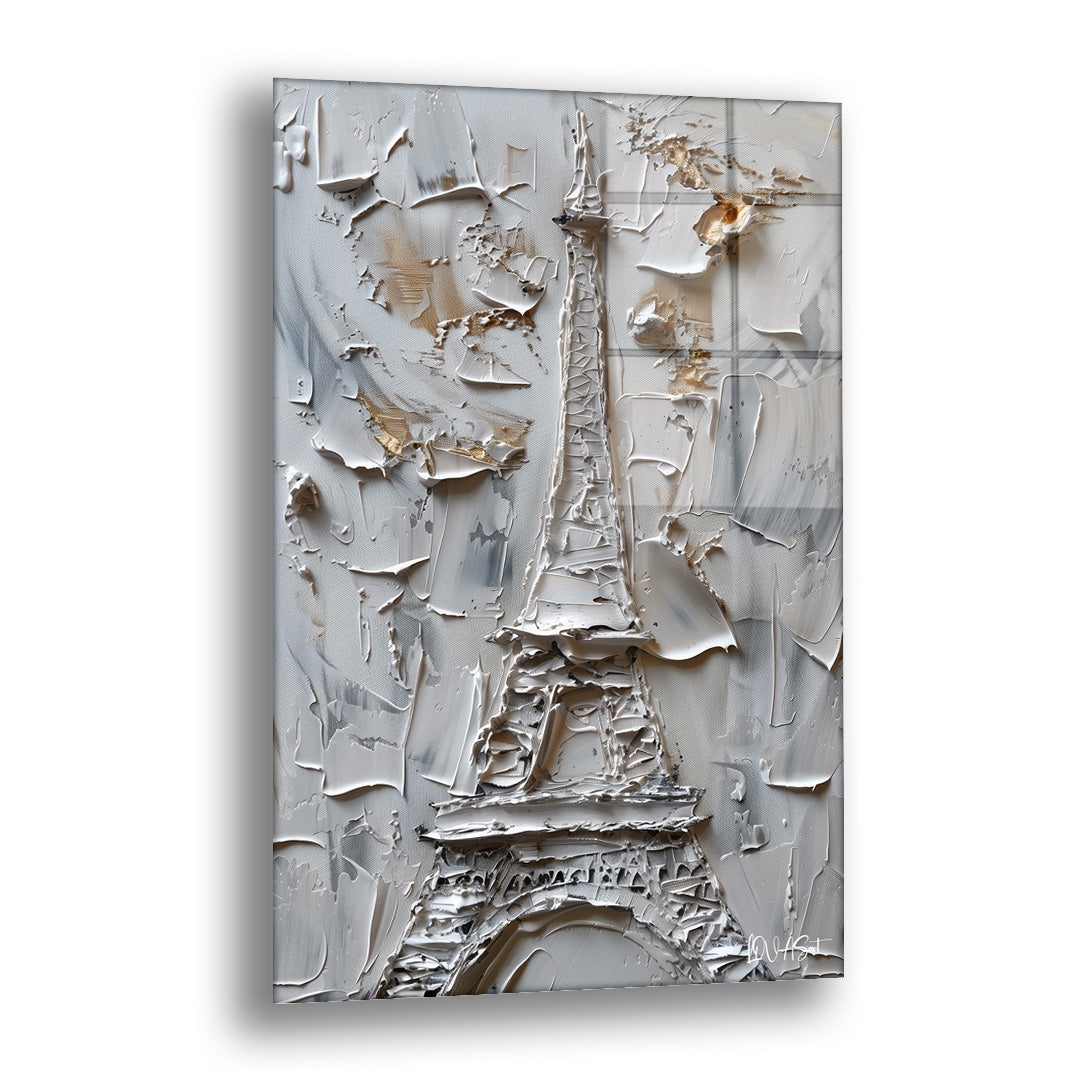 Kabartma Eyfel Kulesi cam tablo — eyfel Kulesi'ni gri ve beyaz, altın dokunuşlu kabartma görünümlü bir yüzeyde gösteren sert 